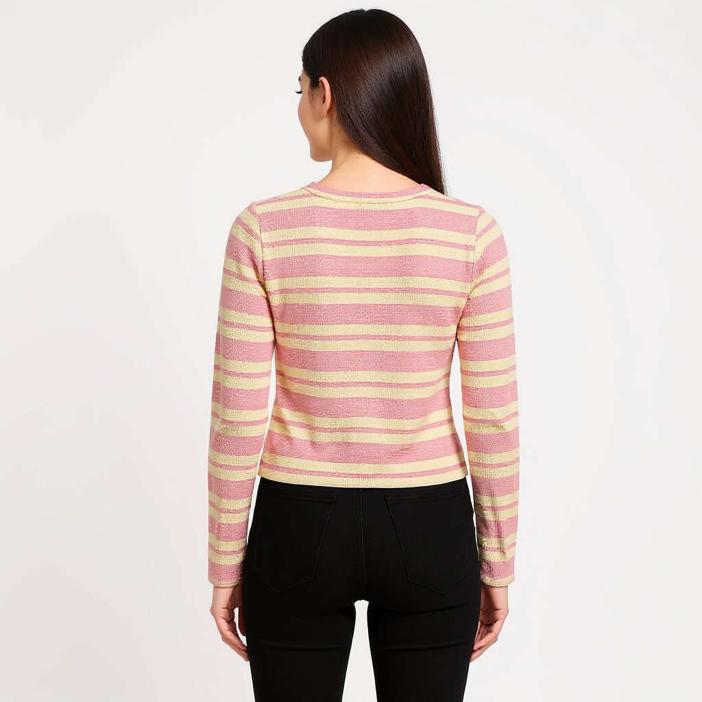Astron - Cropped Knit Top with Horizontal Pink and Cream Stripes