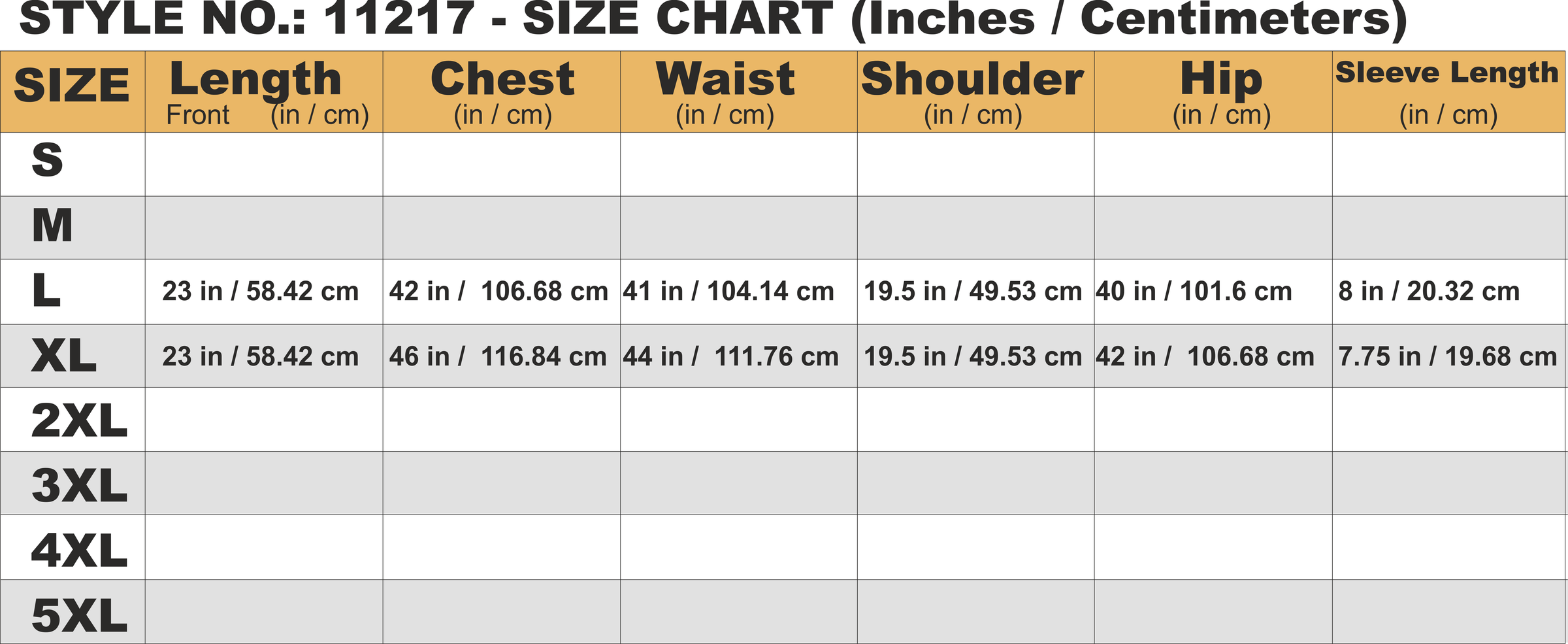 Size chart for clothing measurements in inches and centimeters