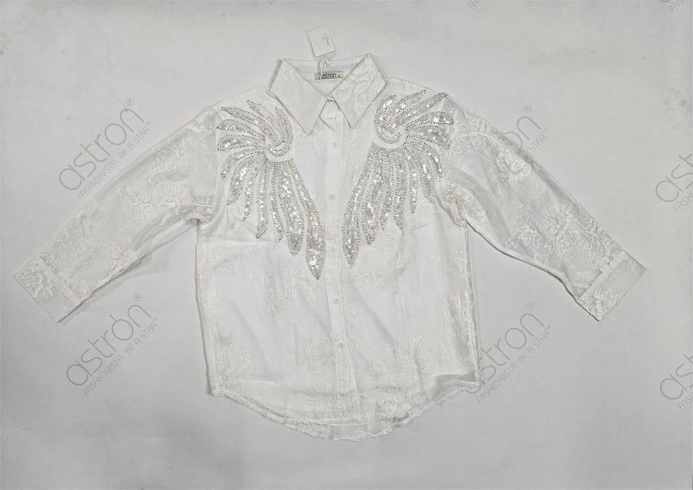 Women’s Ivory Embroidered Full-Sleeve Loose Fit Shirt - ASTRON