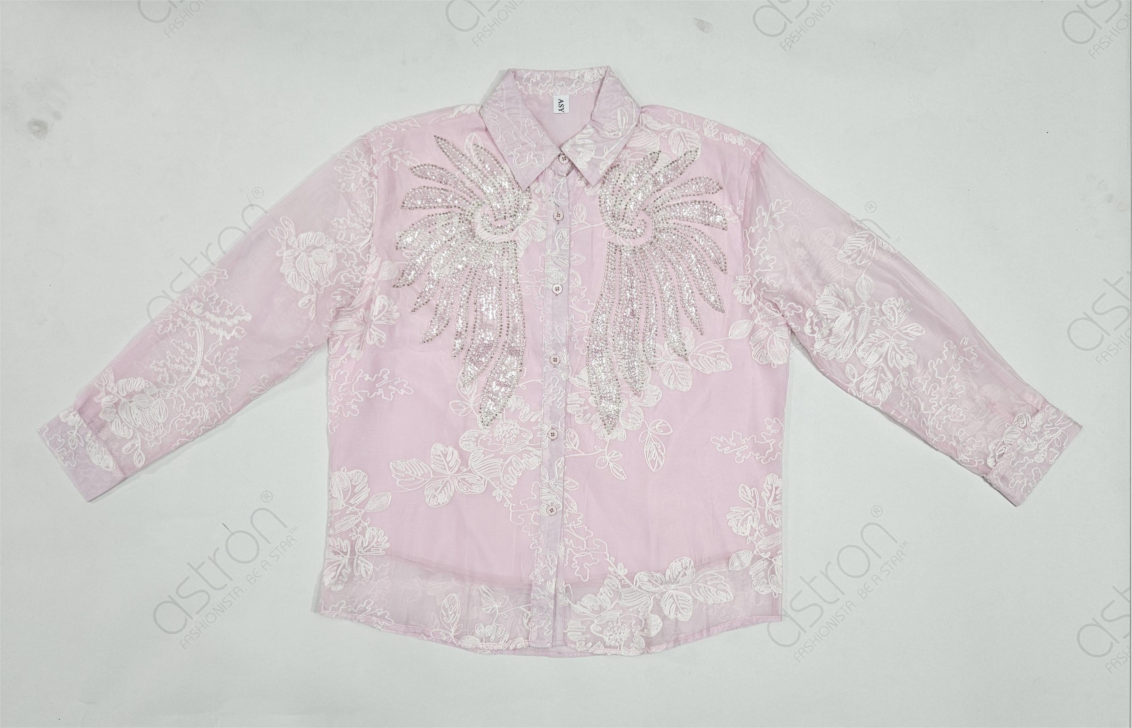 Women’s Ivory Embroidered Full-Sleeve Loose Fit Shirt