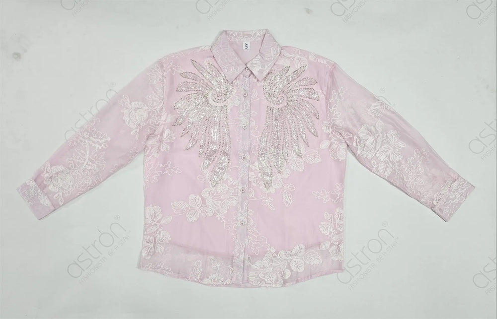 Women’s Ivory Embroidered Full-Sleeve Loose Fit Shirt - ASTRON