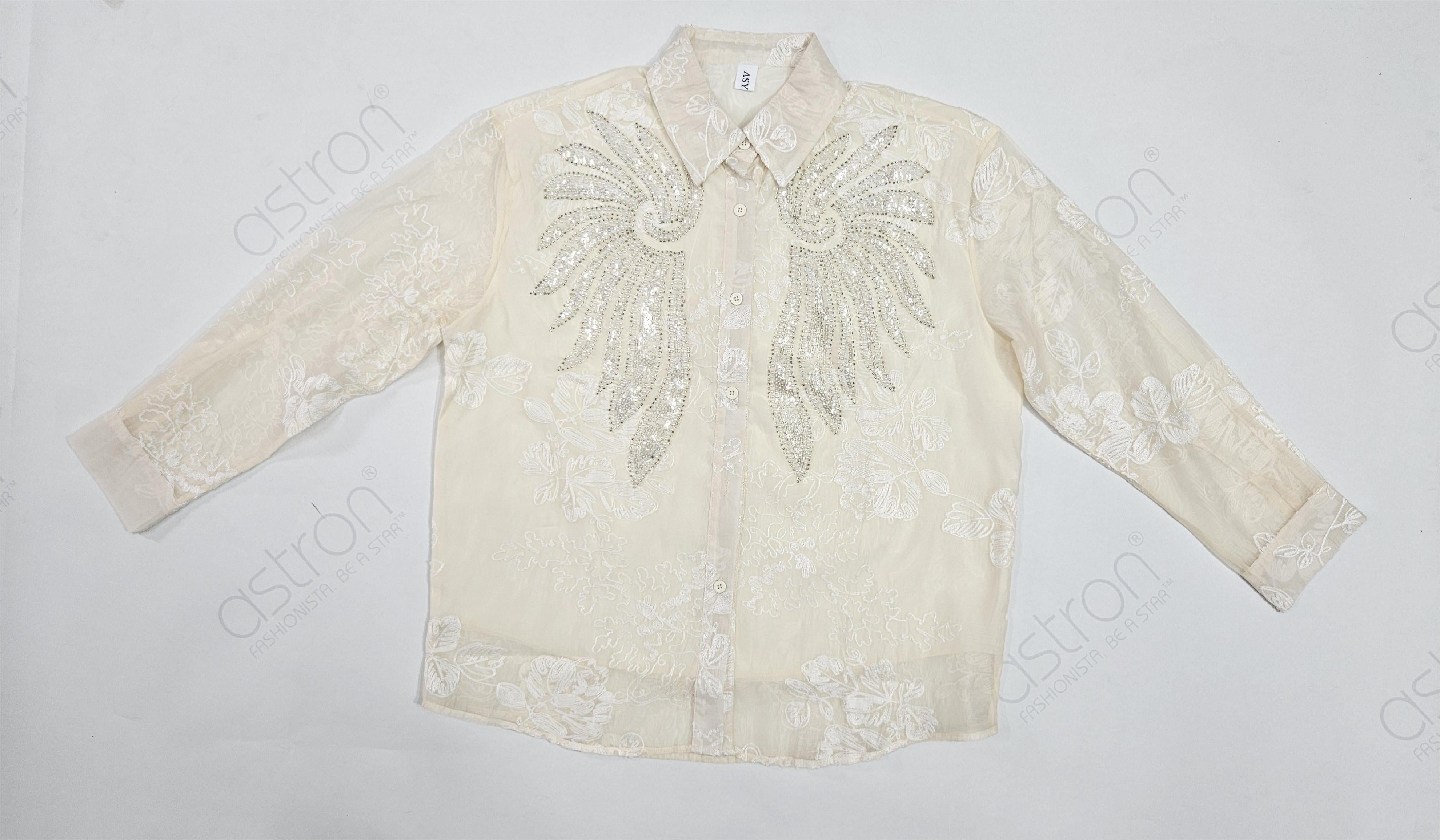 Women’s Ivory Embroidered Full-Sleeve Loose Fit Shirt