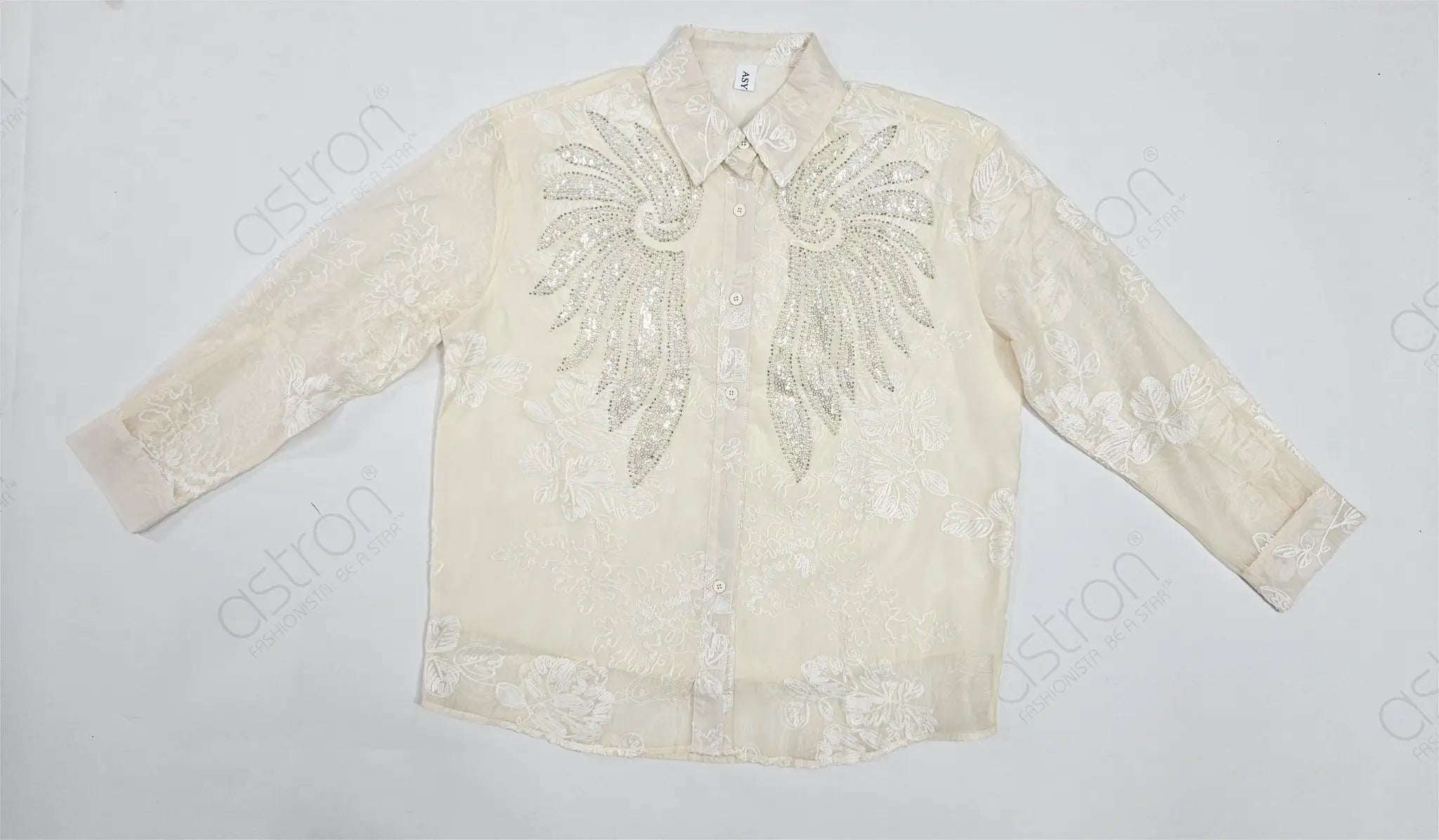 Women’s Ivory Embroidered Full-Sleeve Loose Fit Shirt - ASTRON