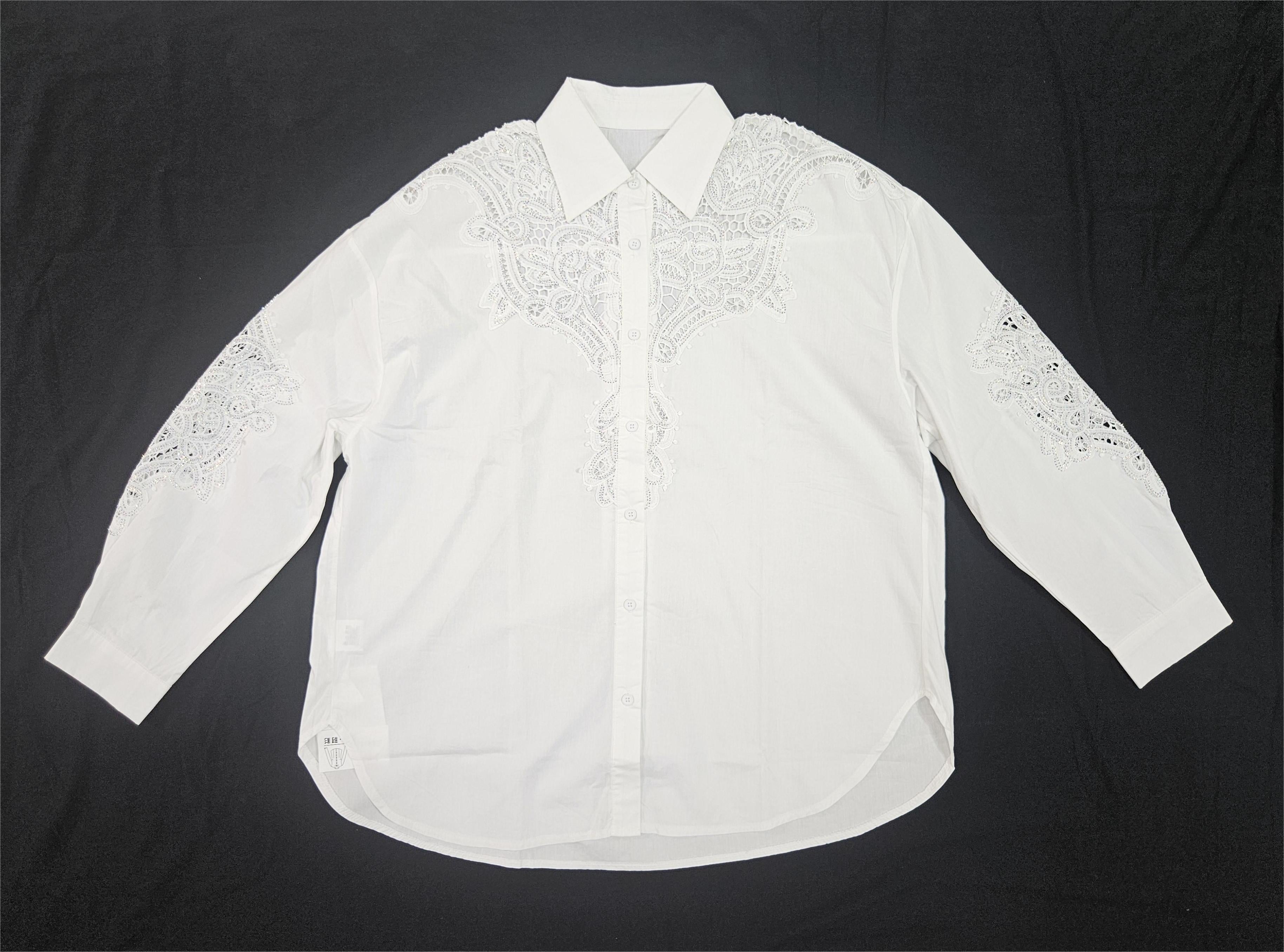 Women’s White Lace-Embroidered Shoulder Down Loose Fit Shirt