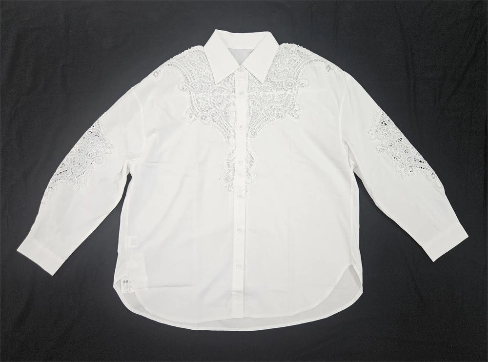 Women’s White Lace-Embroidered Shoulder Down Loose Fit Shirt - ASTRON