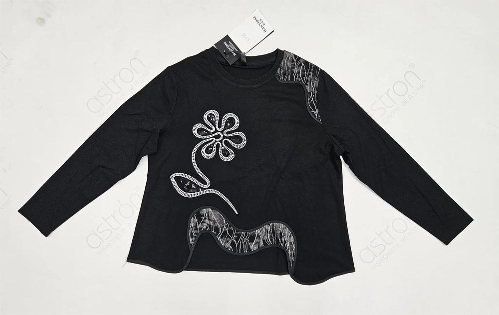 Black long-sleeve shirt with white floral design on a light gray background