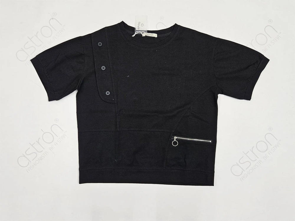 Women's Oversized Crop T-Shirt with Zip Pocket & Button Detail for Ultimate Comfort and Style - ASTRON