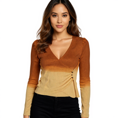 Astron Brown Ombre V Neck Ribbed Women’s Top