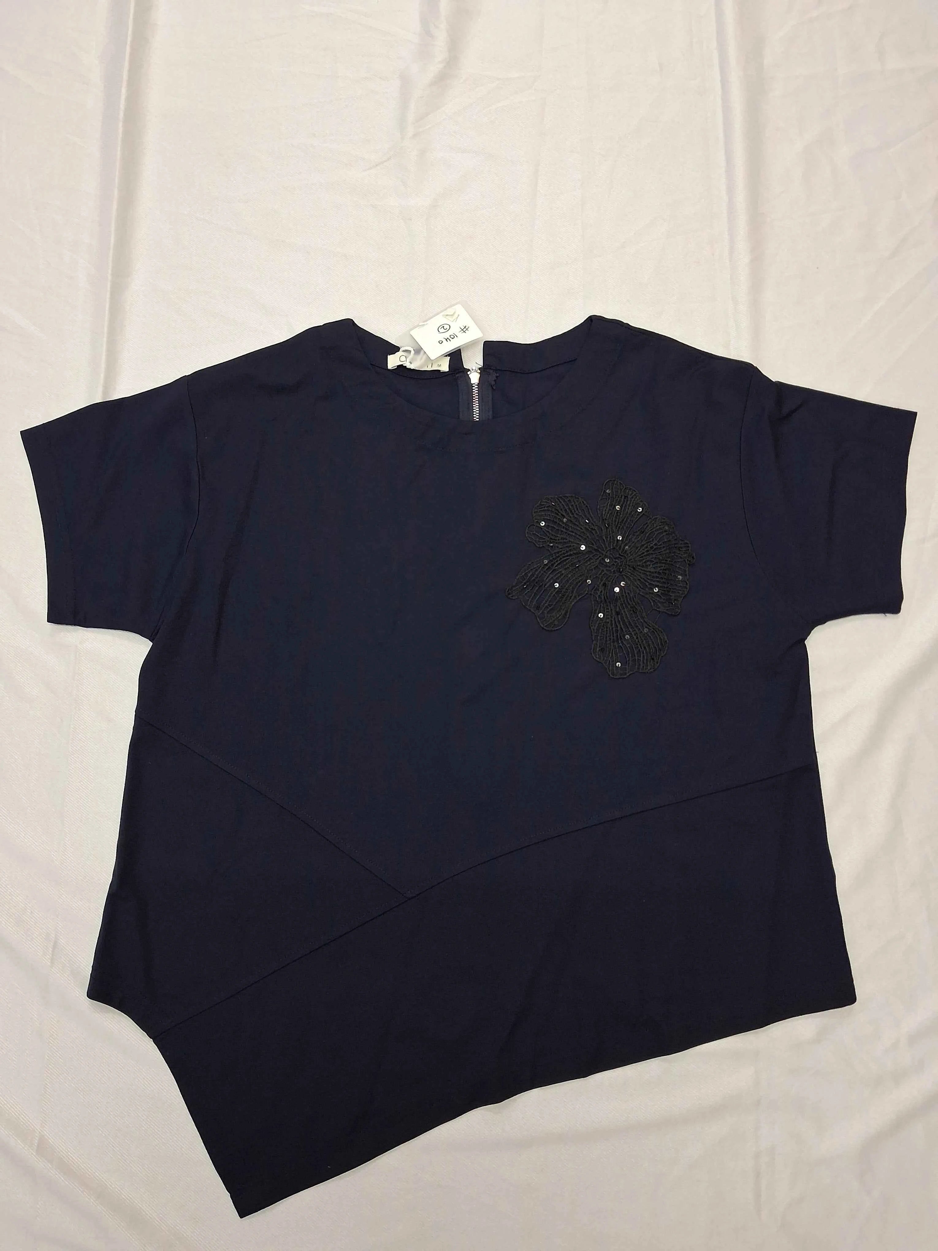 Women's Navy Blue Asymmetric Floral Appliqué Top