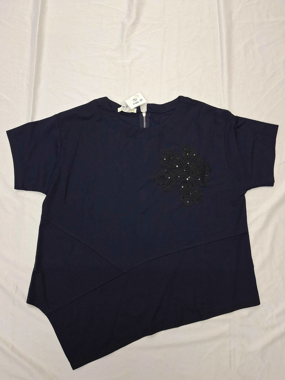 Women's Navy Blue Asymmetric Floral Appliqué Top