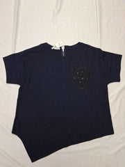 Women's Navy Blue Asymmetric Floral Appliqué Top