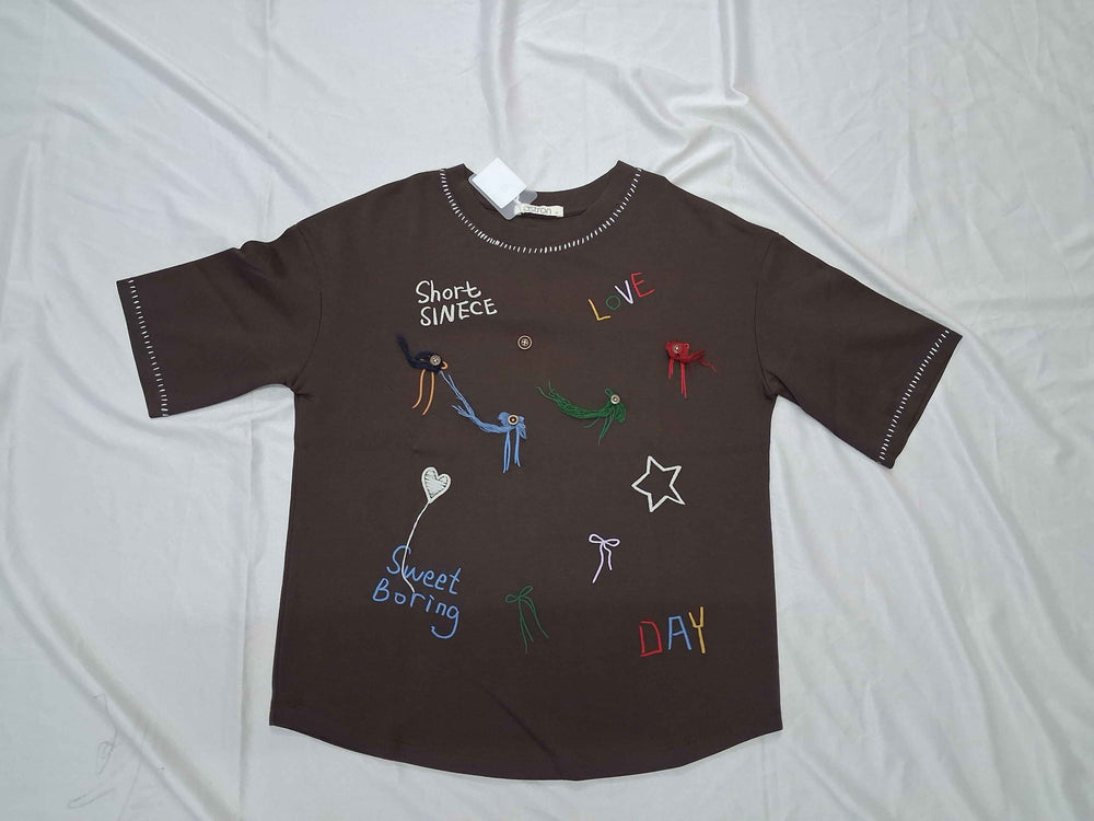 Women's Coffee Brown Embroidered Casual T-Shirt