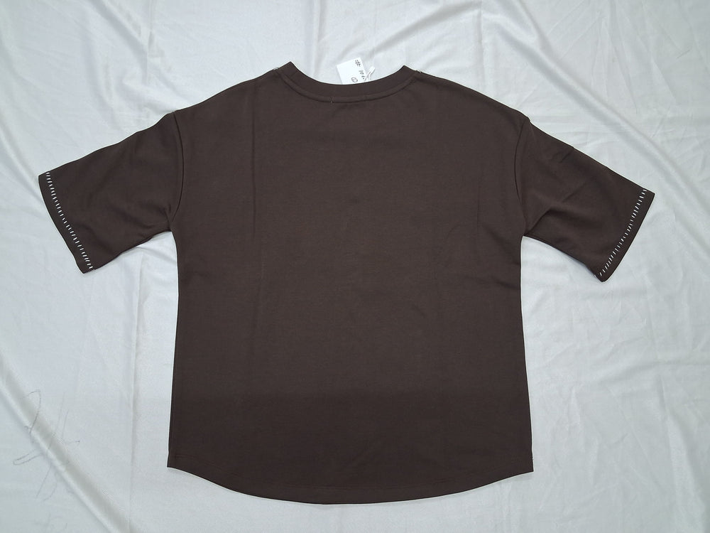 Women's Coffee Brown Embroidered Casual T-Shirt.