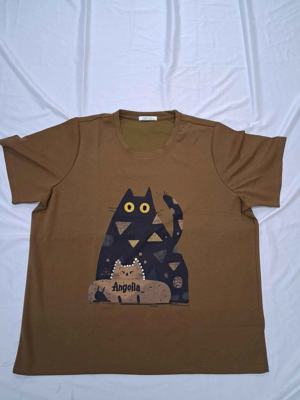 Women's Coffee Brown Cat Graphic Printed Casual T-Shirt