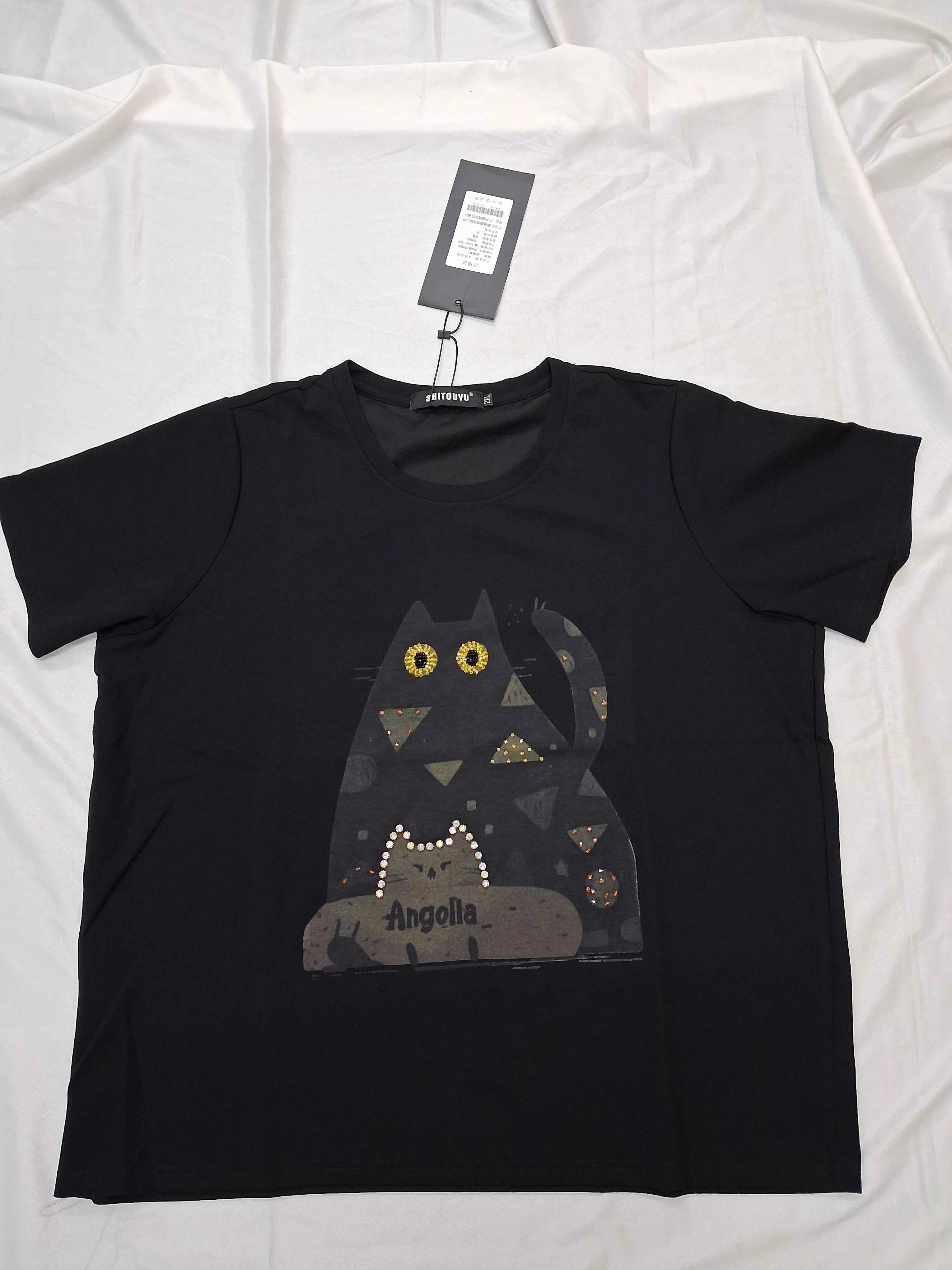 Women's Black Cat Graphic Printed Casual T-Shirt