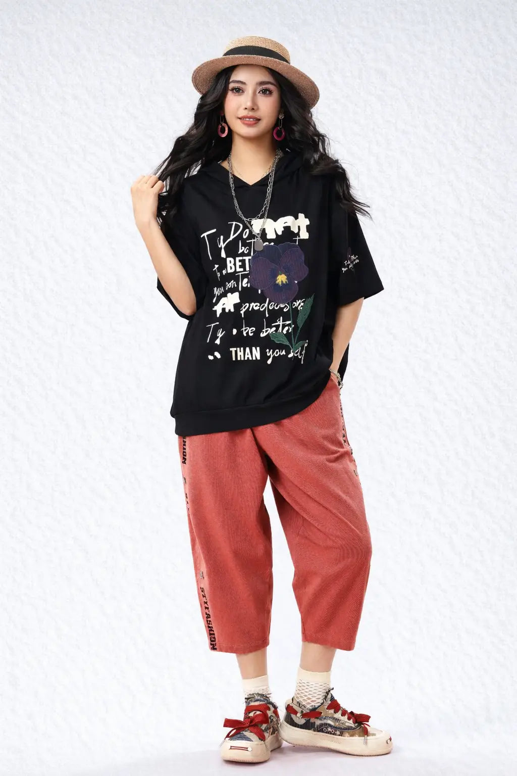 Women’s Oversized Graphic Hooded T-Shirt with Patch Work - ASTRON