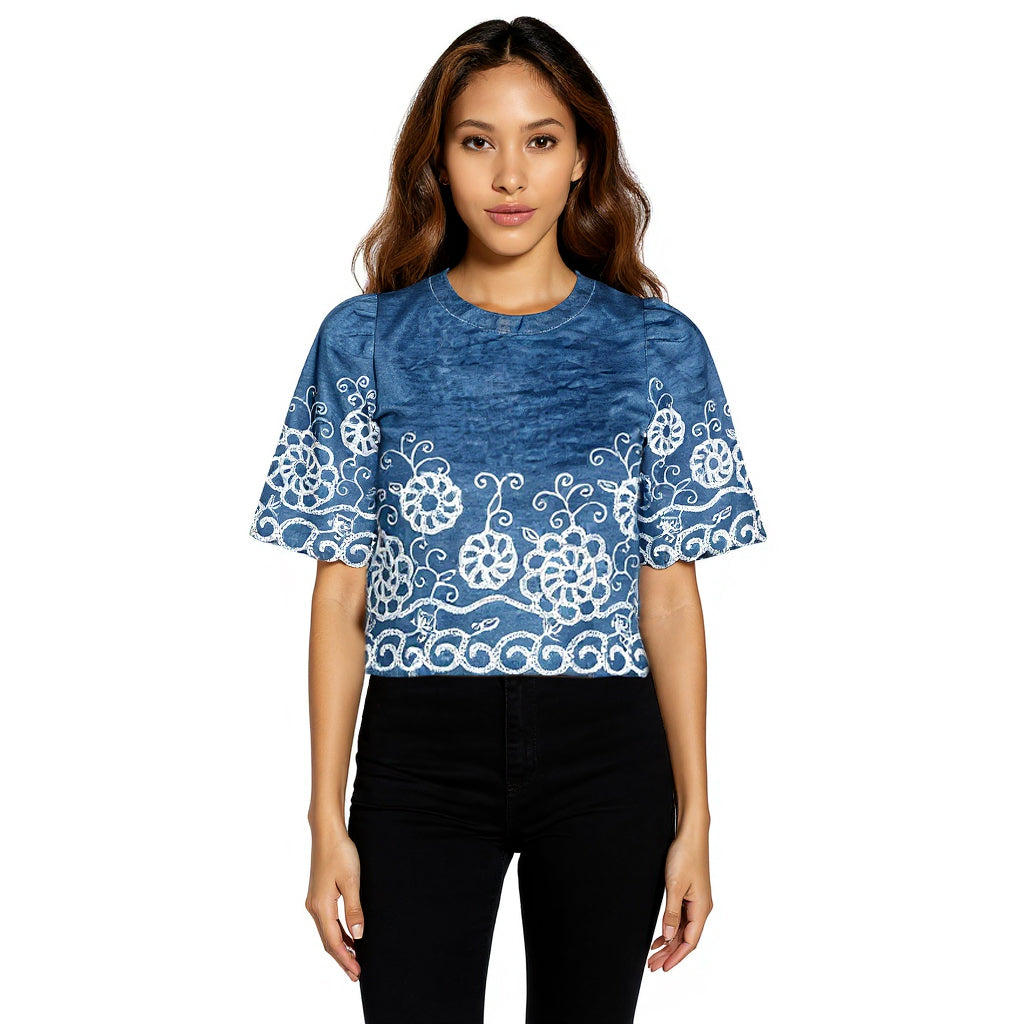 Astron – Denim Cropped Top with Floral Lace Embroidery