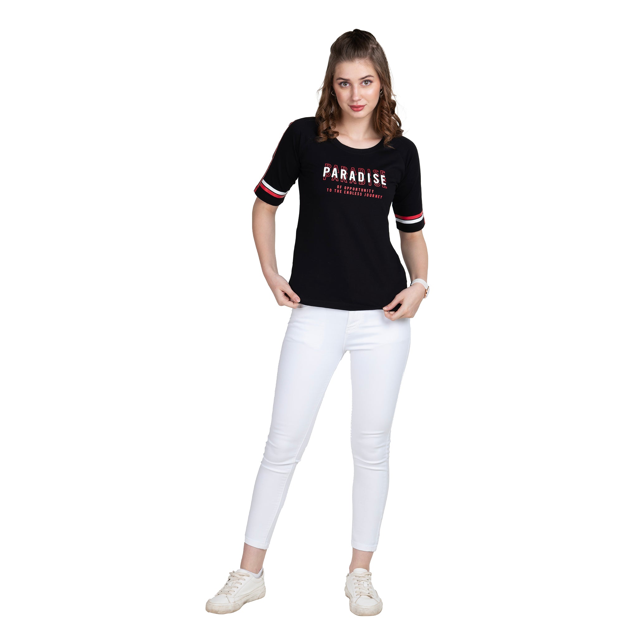 Astron – Raglan Sleeves Printed Black Color Cotton T-Shirt for Women
