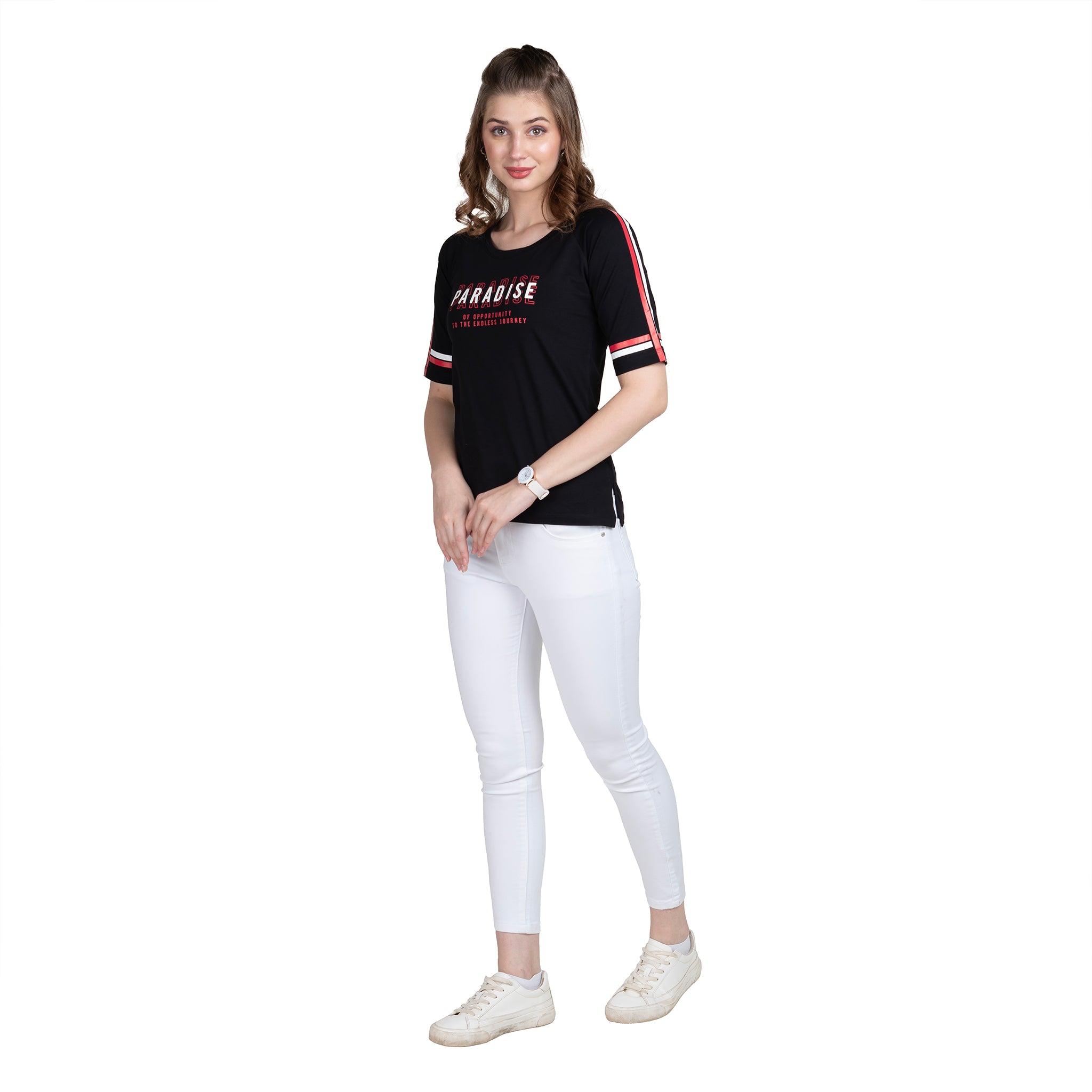 Astron – Raglan Sleeves Printed Black Color Cotton T-Shirt for Women