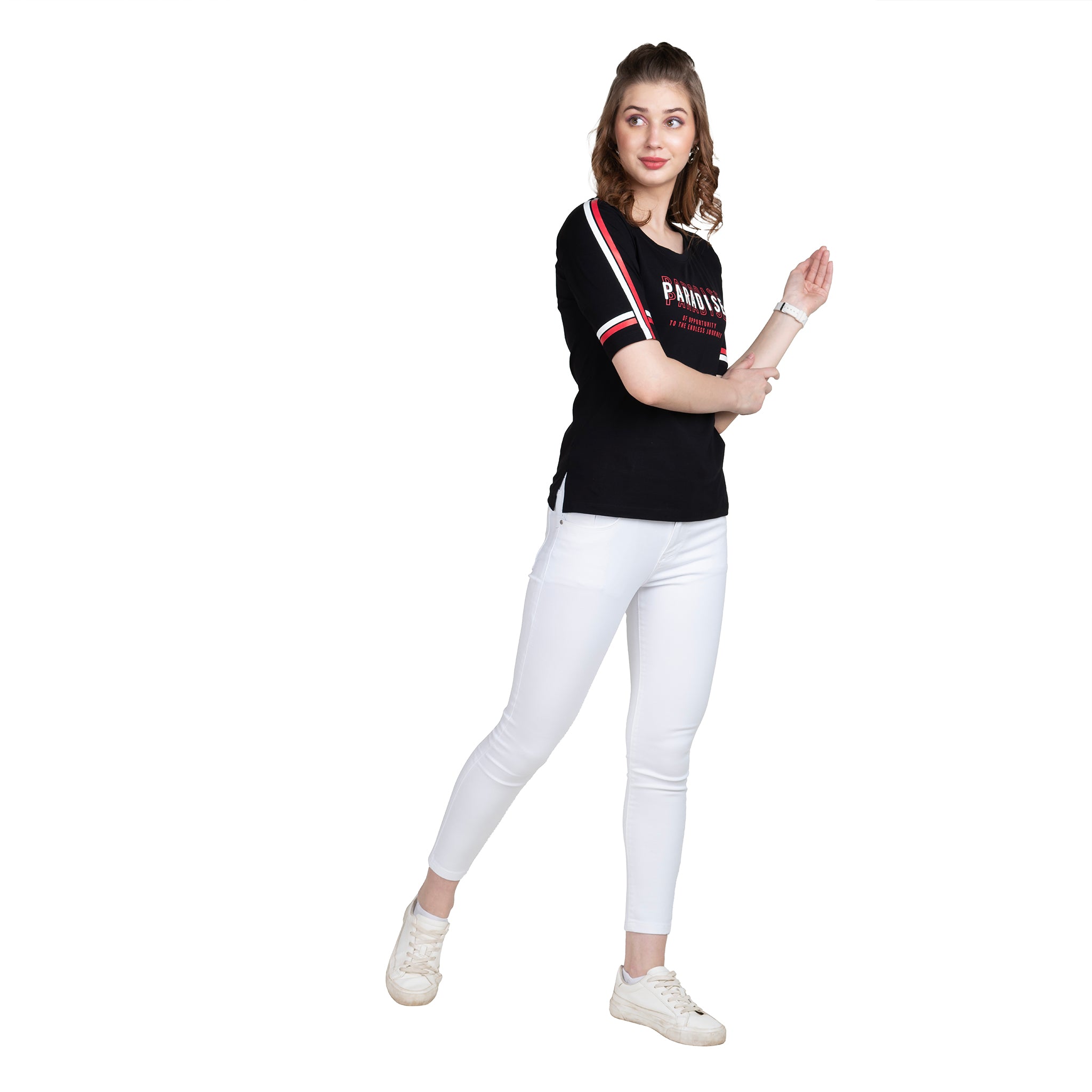 Astron – Raglan Sleeves Printed Black Color Cotton T-Shirt for Women