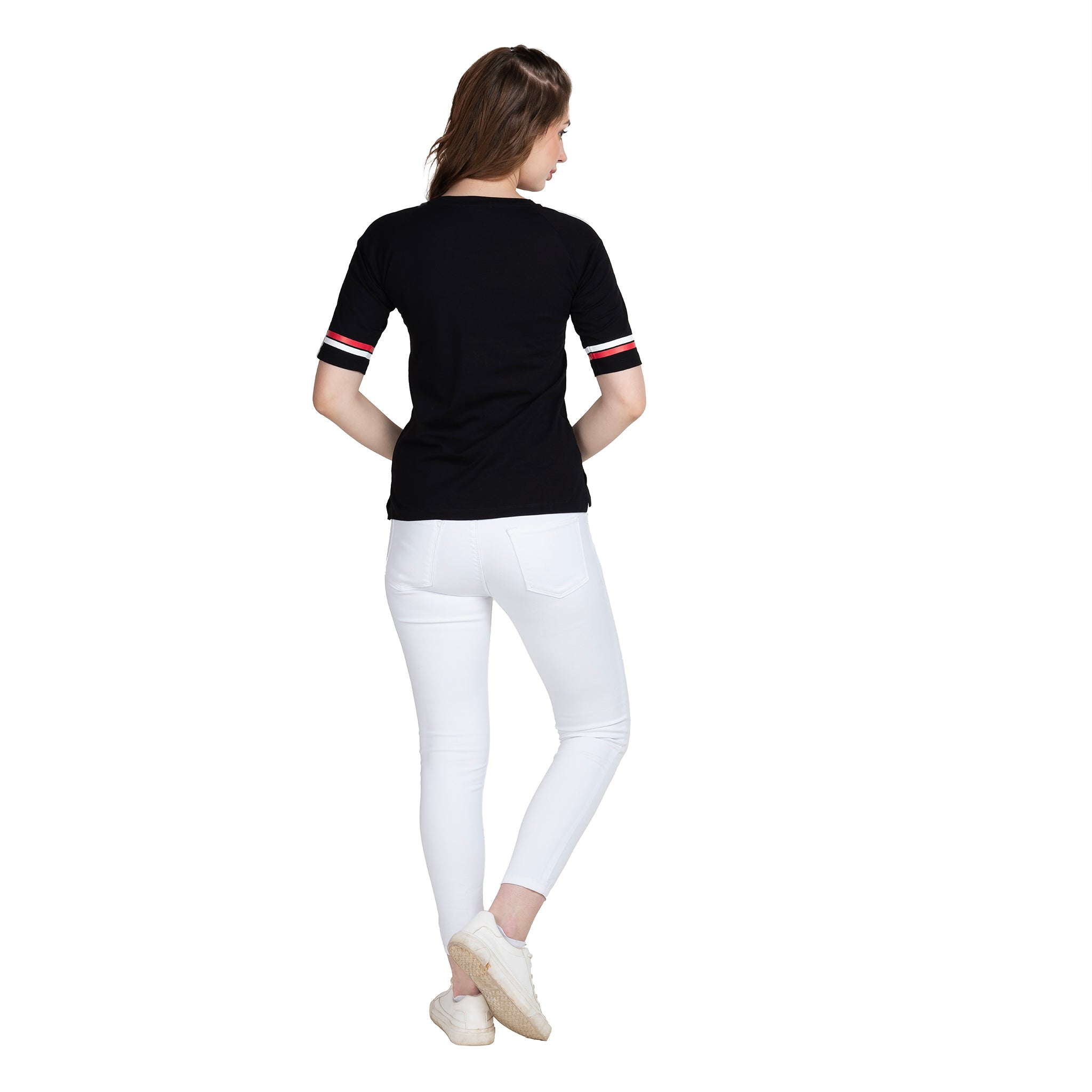 Astron – Raglan Sleeves Printed Black Color Cotton T-Shirt for Women