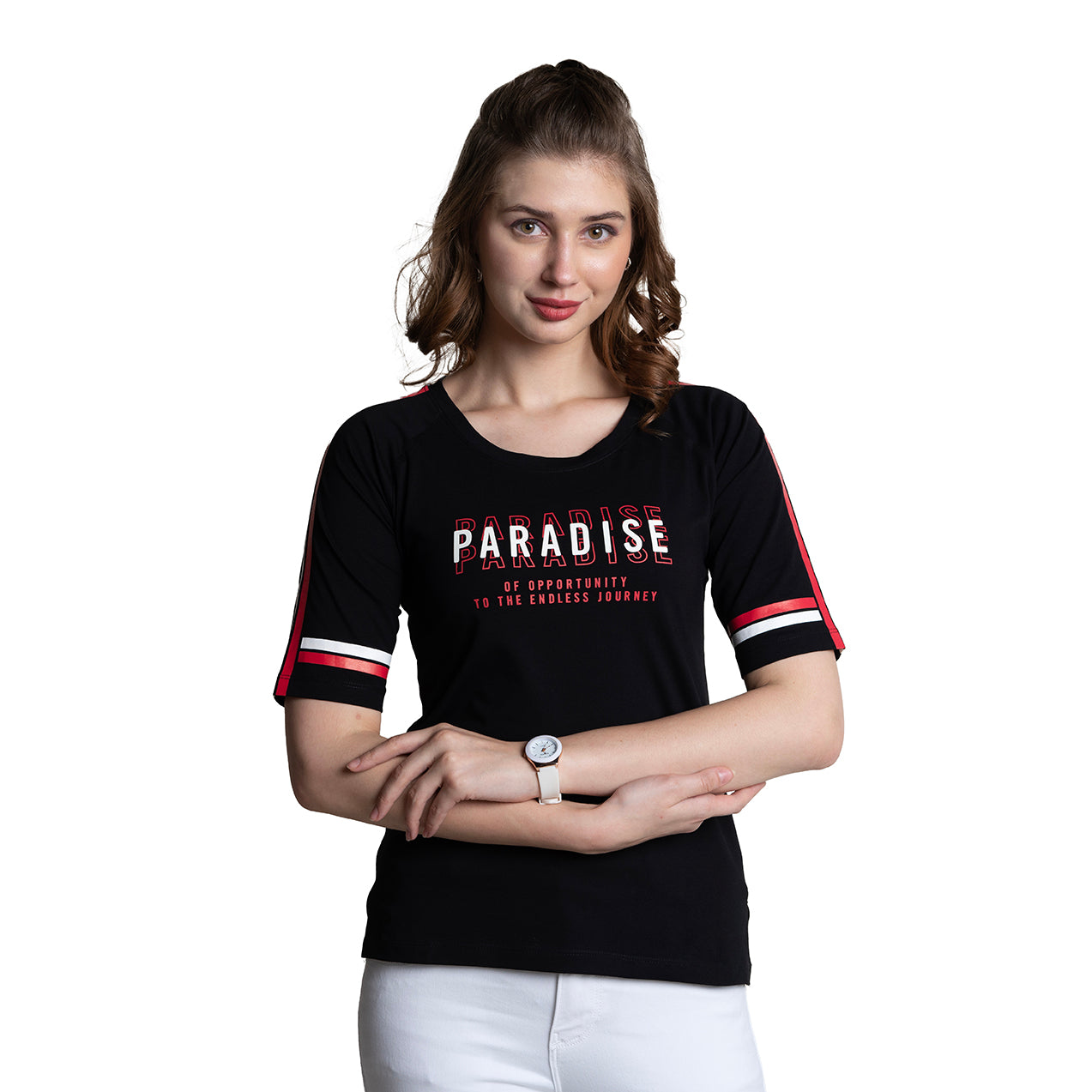 Astron – Raglan Sleeves Printed Black Color Cotton T-Shirt for Women