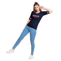 Astron – Raglan Sleeves Printed Navy Blue Color Cotton T-Shirt for Women