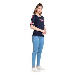Astron – Raglan Sleeves Printed Navy Blue Color Cotton T-Shirt for Women