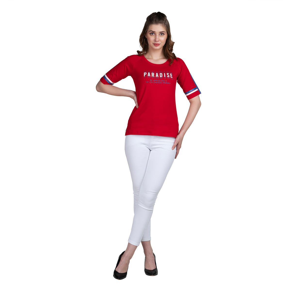 Astron – Raglan Sleeves Printed Red Color Cotton T-Shirt for Women