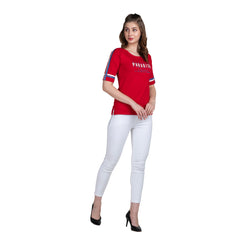 Astron – Raglan Sleeves Printed Red Color Cotton T-Shirt for Women