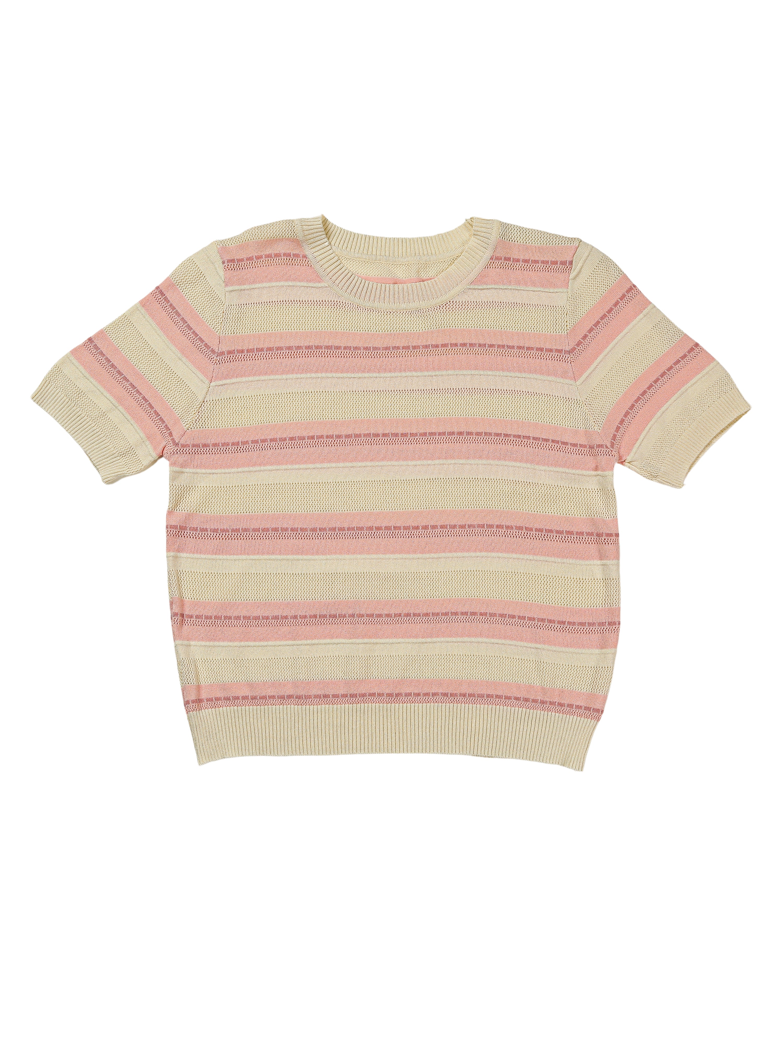Astron - Striped Knit Short-Sleeve Top with Ribbed Crew Neckline