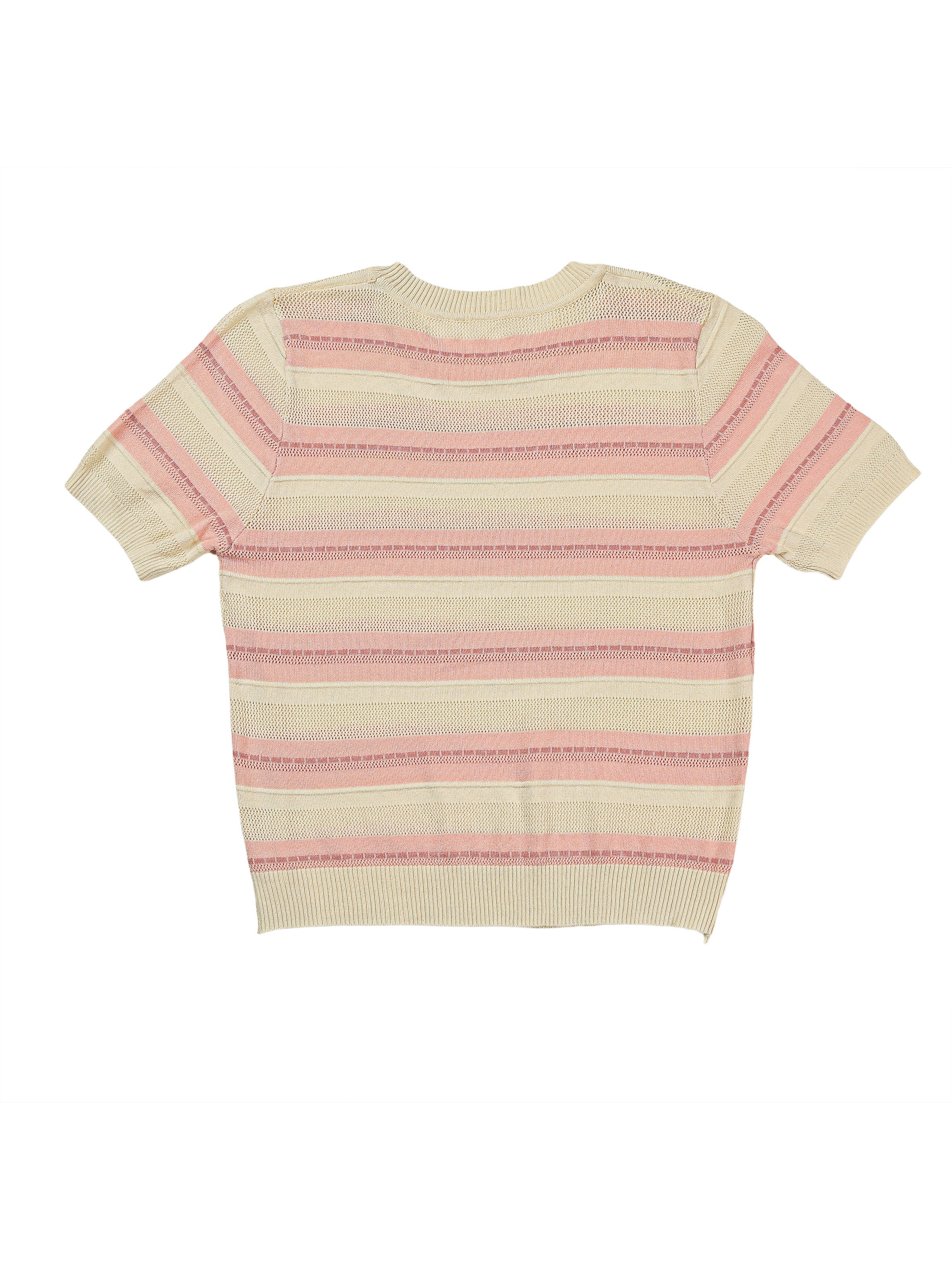 Astron - Striped Knit Short-Sleeve Top with Ribbed Crew Neckline