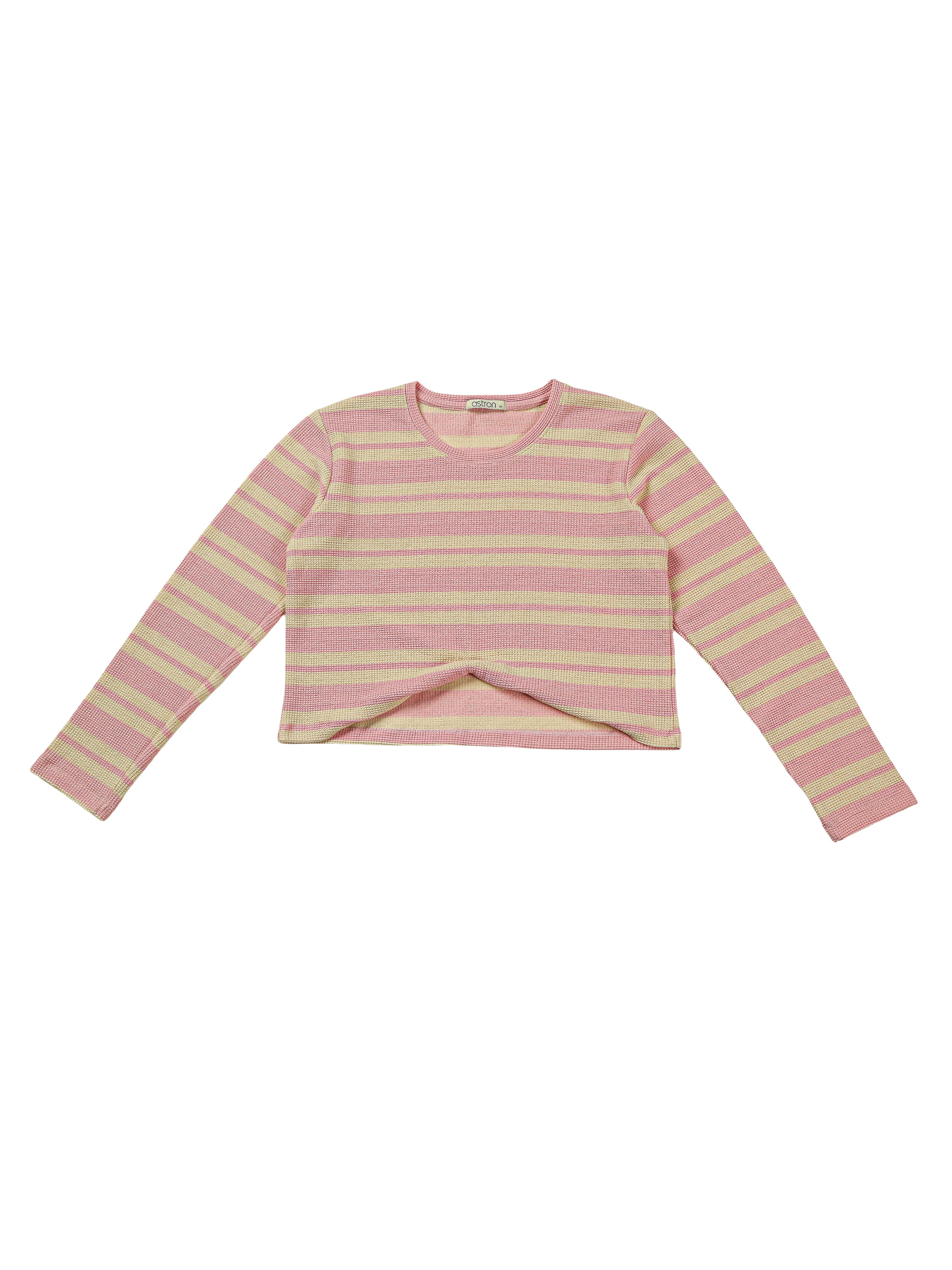 Astron - Cropped Knit Top with Horizontal Pink and Cream Stripes