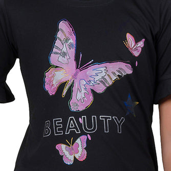 Butterfly Print Girls Black Round Neck T-shirt