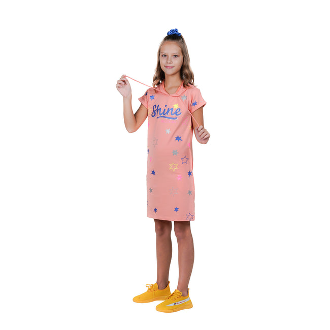 Peach Colour Magyar Sleeves Girl's Hooded Tunic Dress