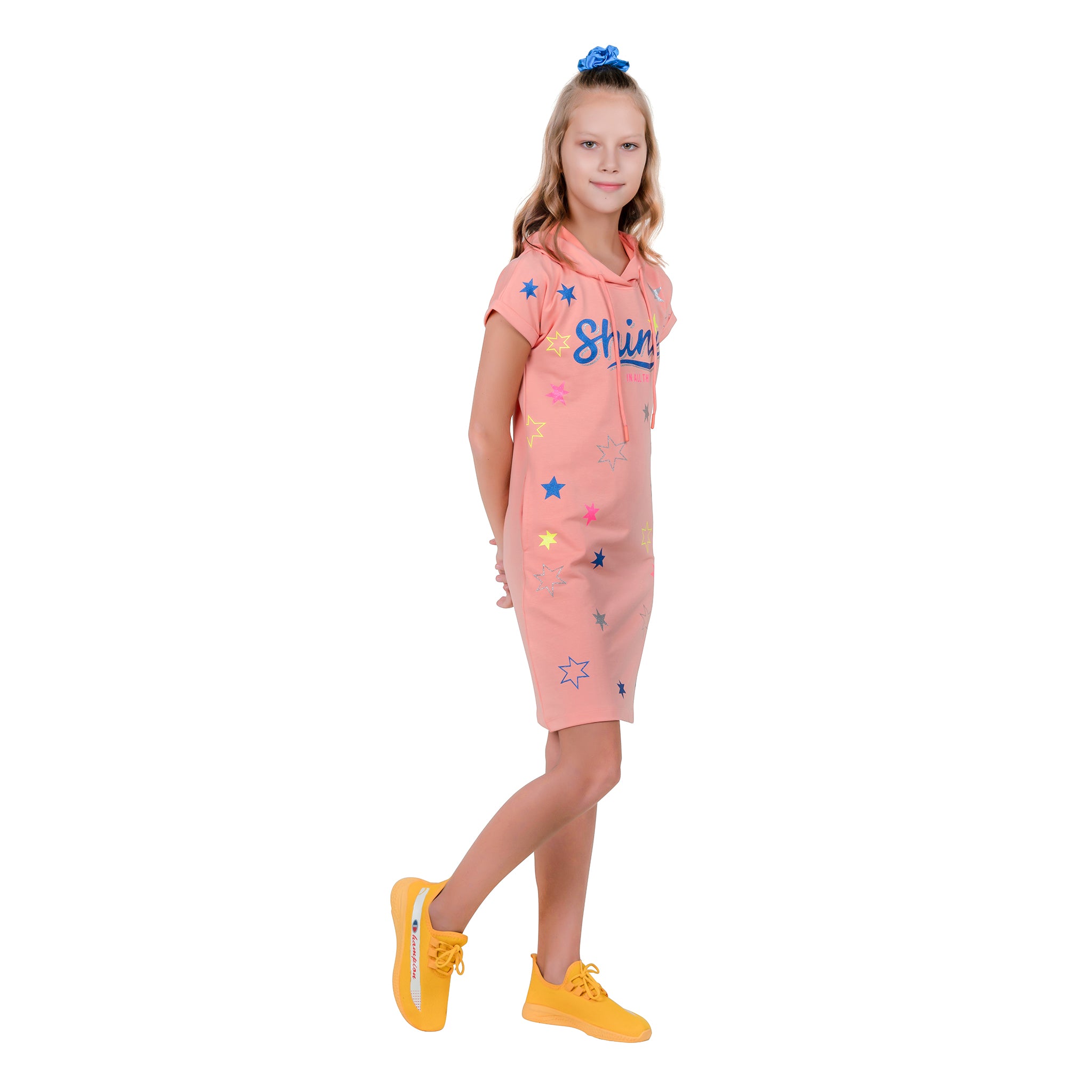 Peach Colour Magyar Sleeves Girl's Hooded Tunic Dress.
