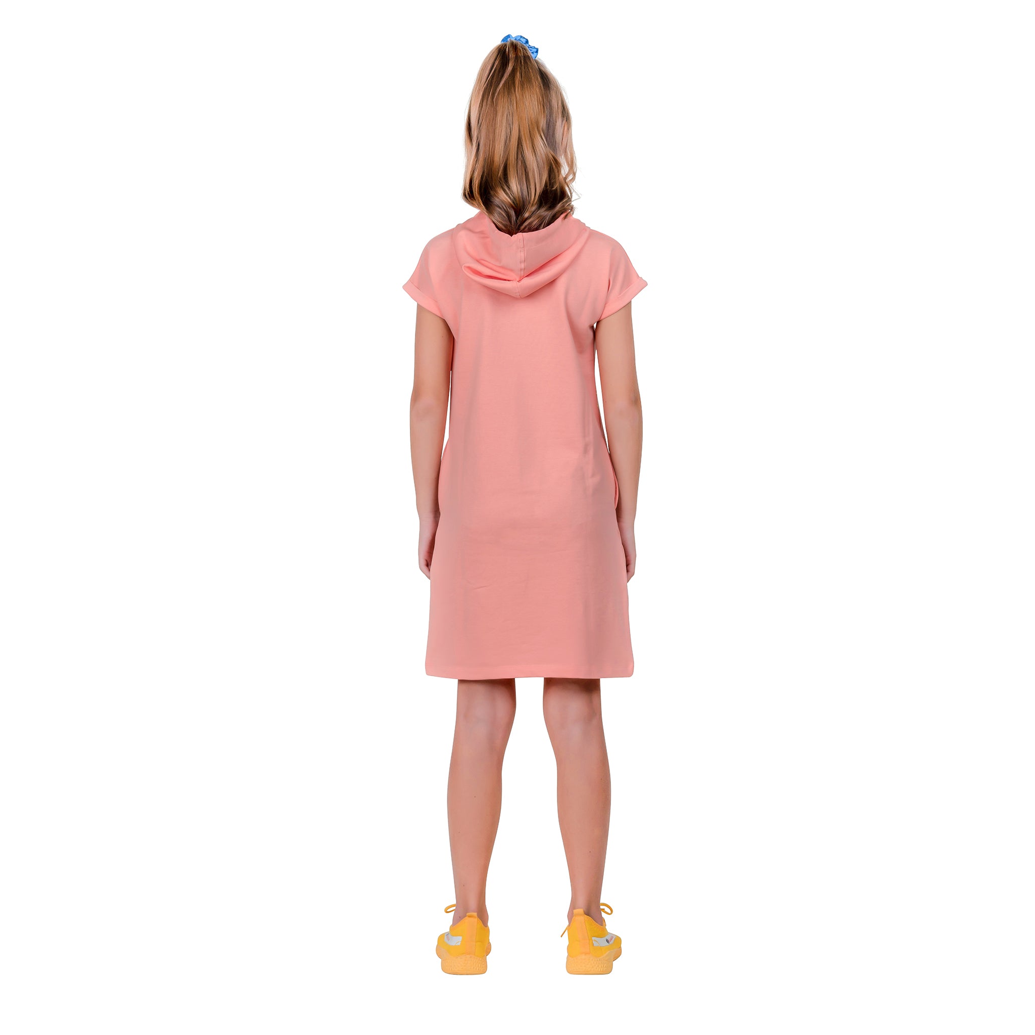 Peach Colour Magyar Sleeves Girl's Hooded Tunic Dress.