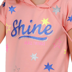 Peach Colour Magyar Sleeves Girl's Hooded Tunic Dress.