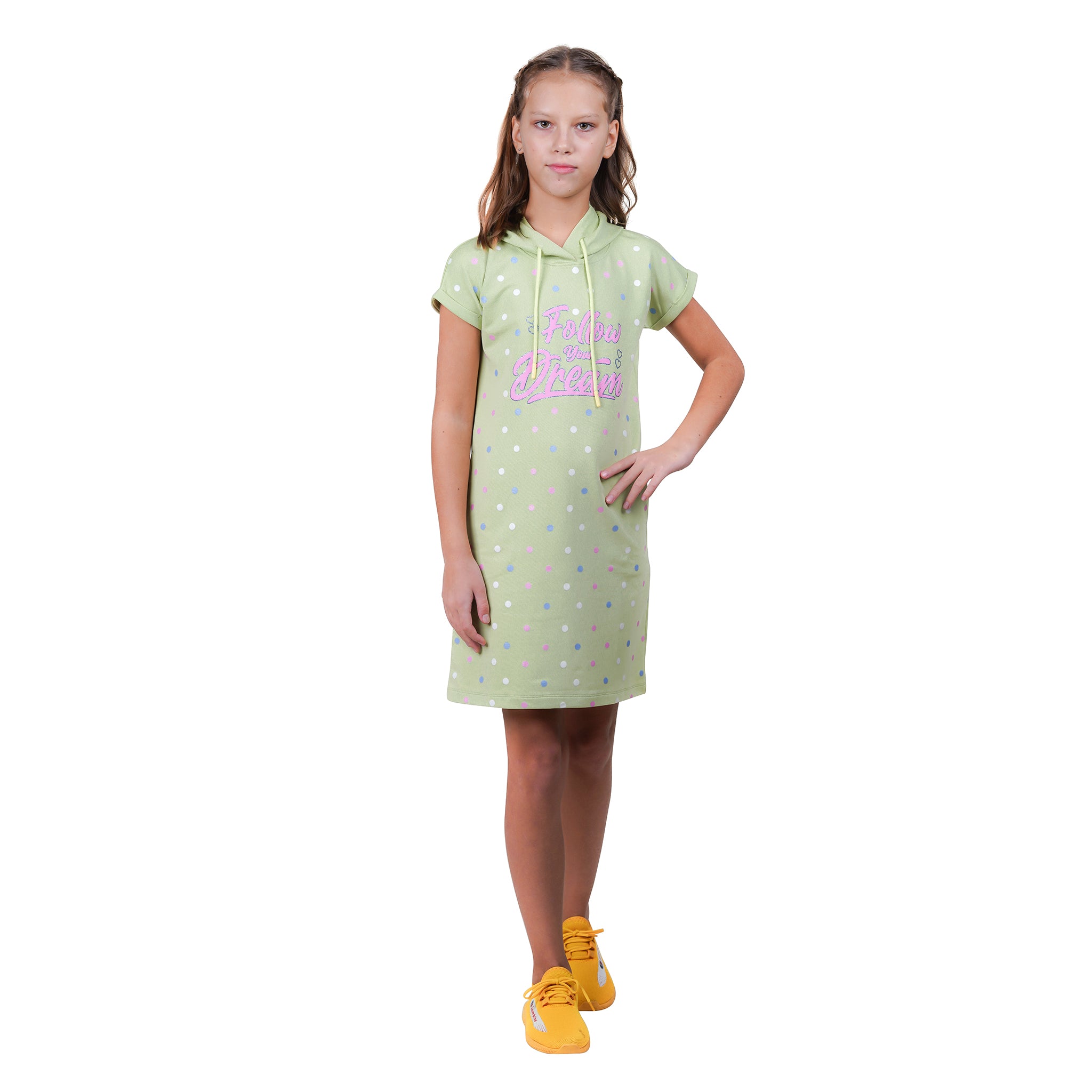 Polka Dots Print Girls Magyar Sleeves Hooded Tunic Dress.