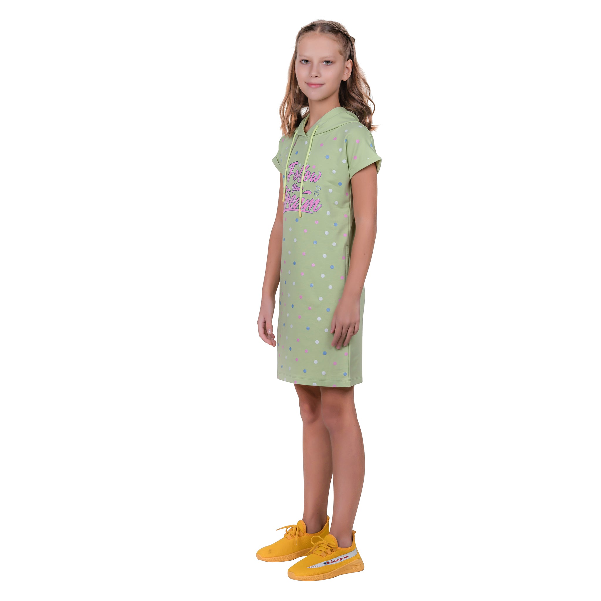 Polka Dots Print Girls Magyar Sleeves Hooded Tunic Dress.