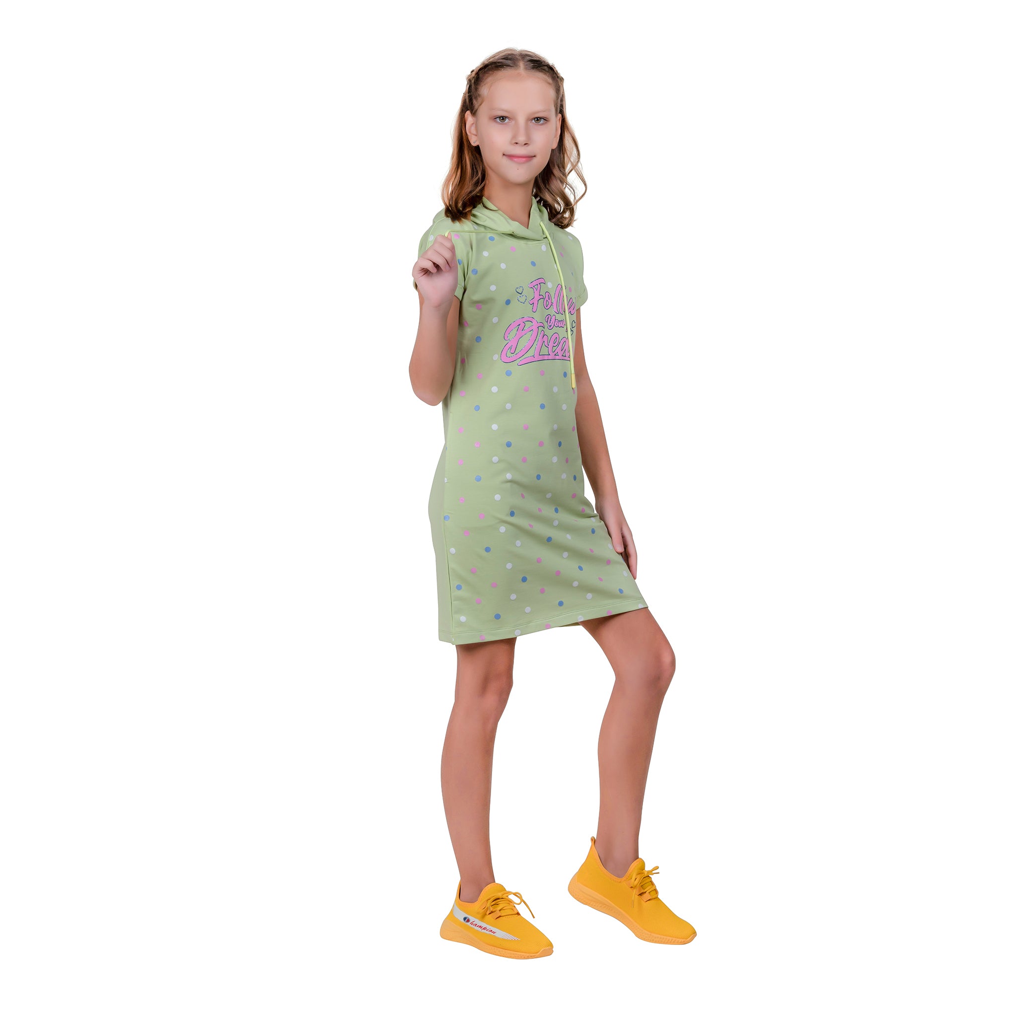 Polka Dots Print Girls Magyar Sleeves Hooded Tunic Dress.