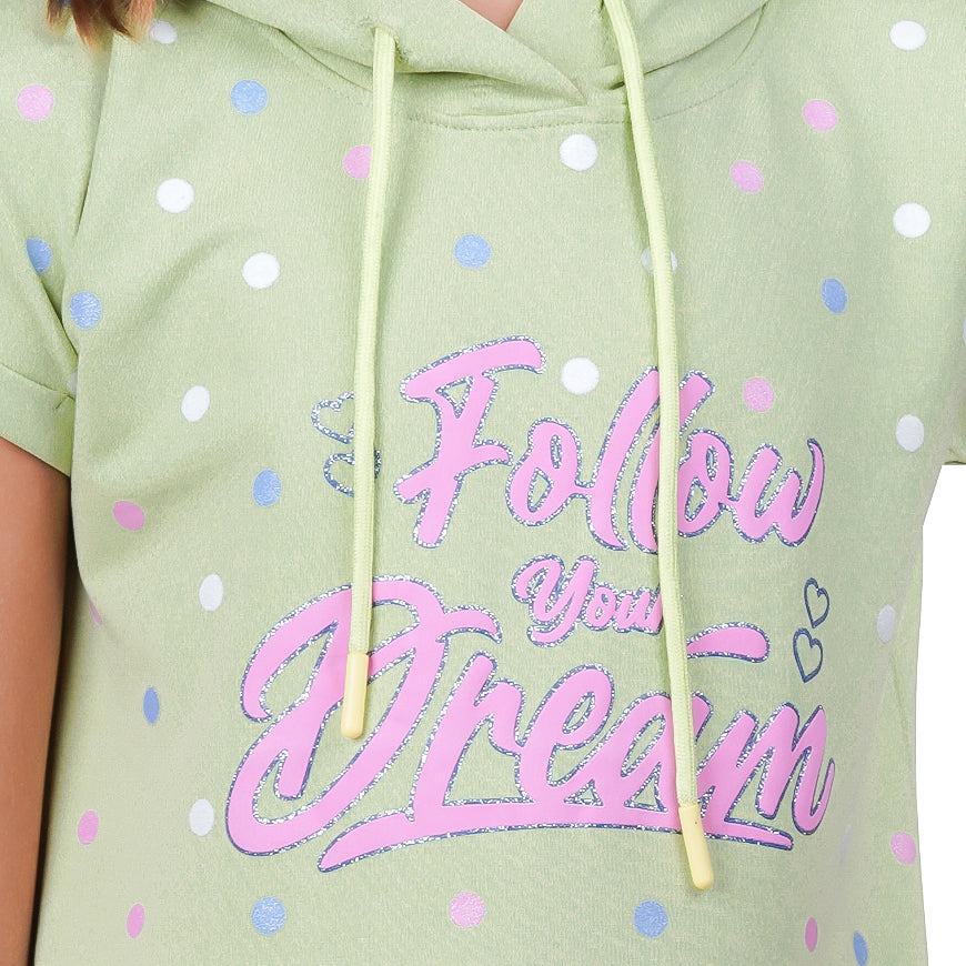 Polka Dots Print Girls Magyar Sleeves Hooded Tunic Dress.