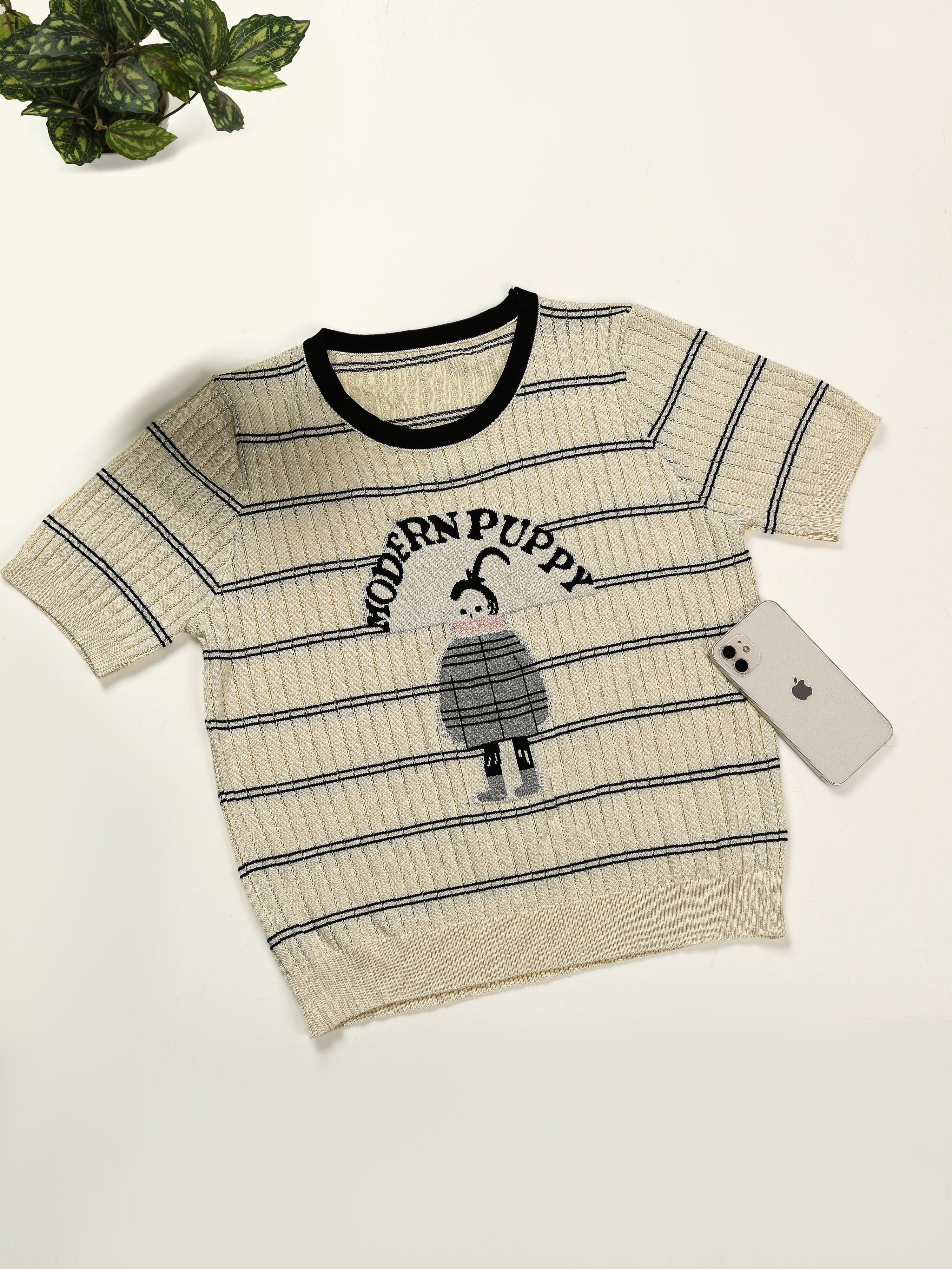 Astron - Cream Ribbed Knit T-Shirt For Women