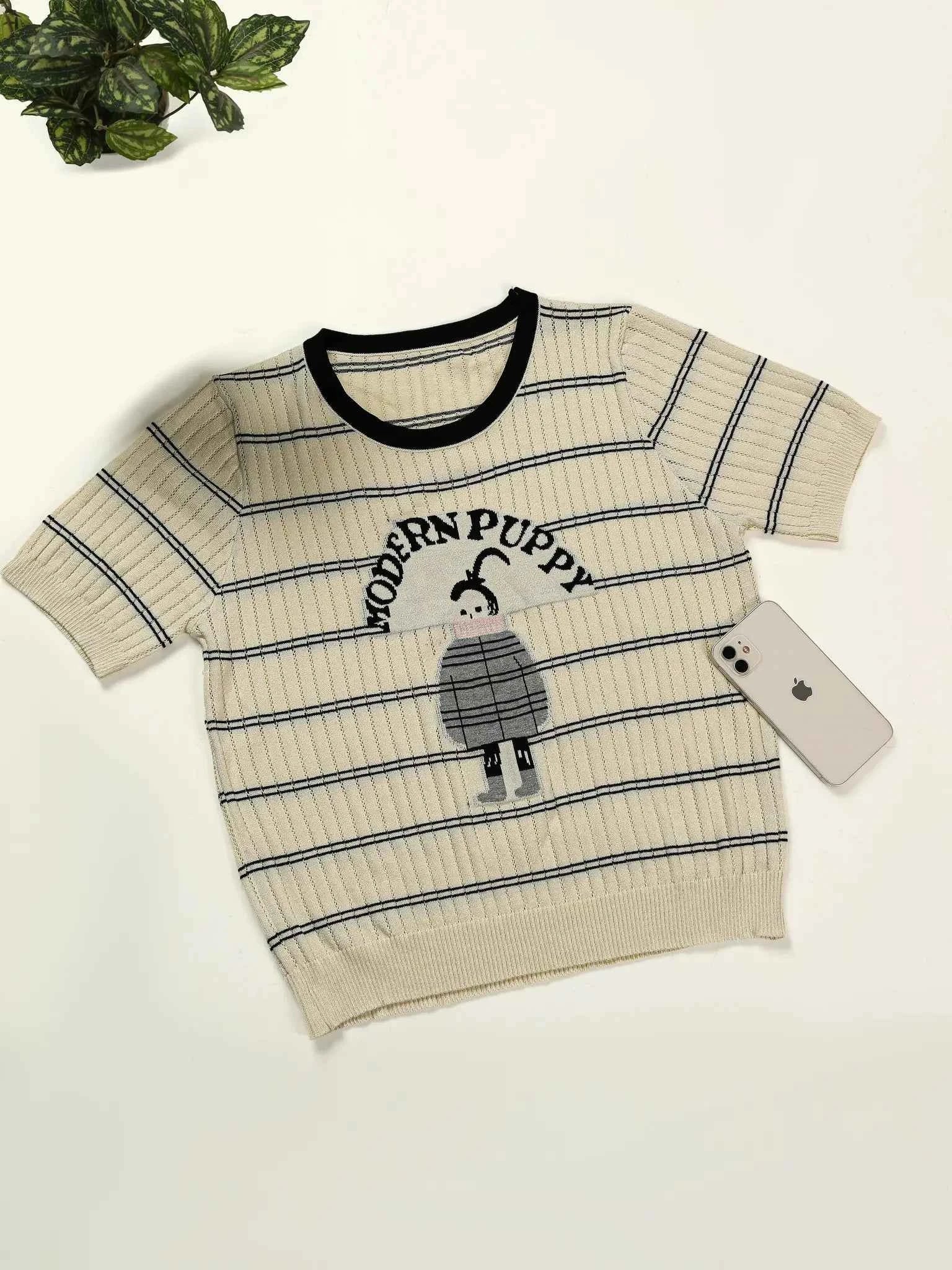 Astron - Cream Ribbed Knit T-Shirt For Women
