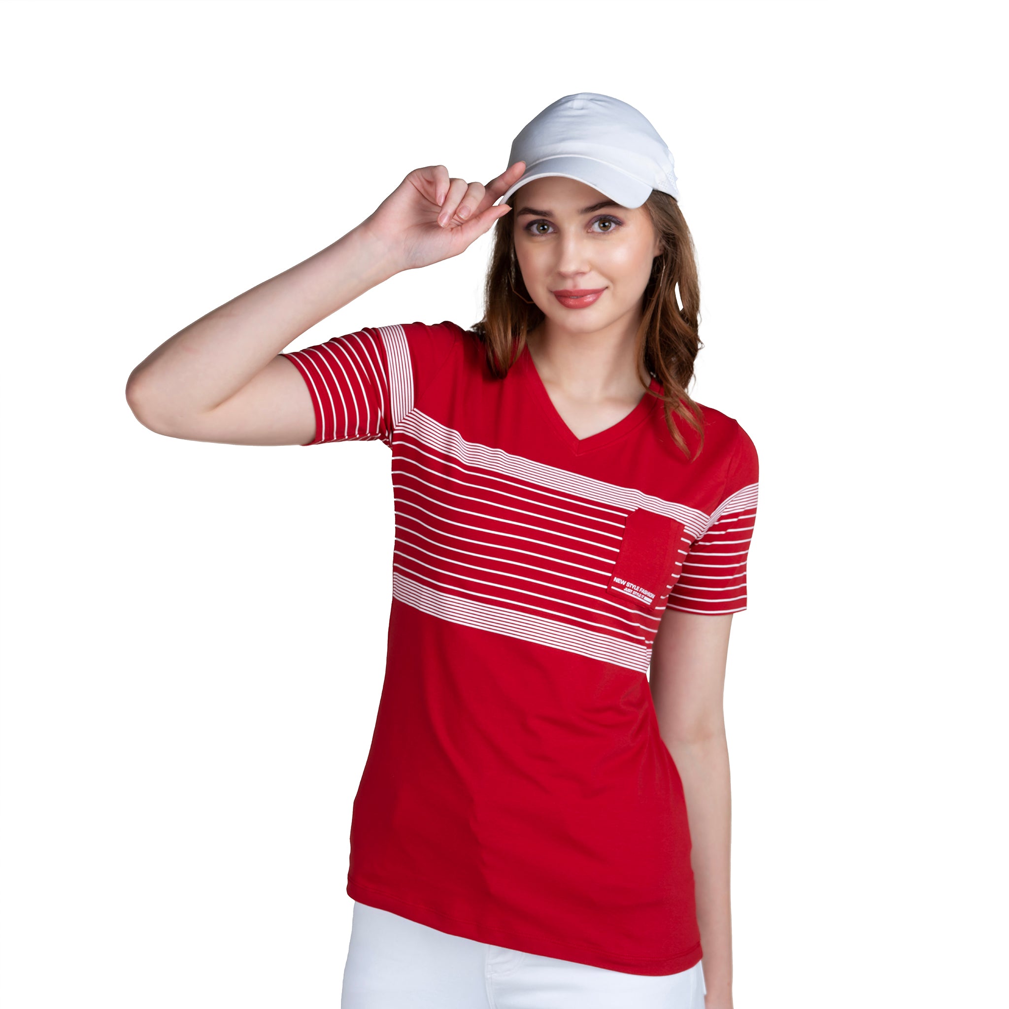 Astron – V-Neck Half Sleeves Olive Color Cotton T-Shirt for Women