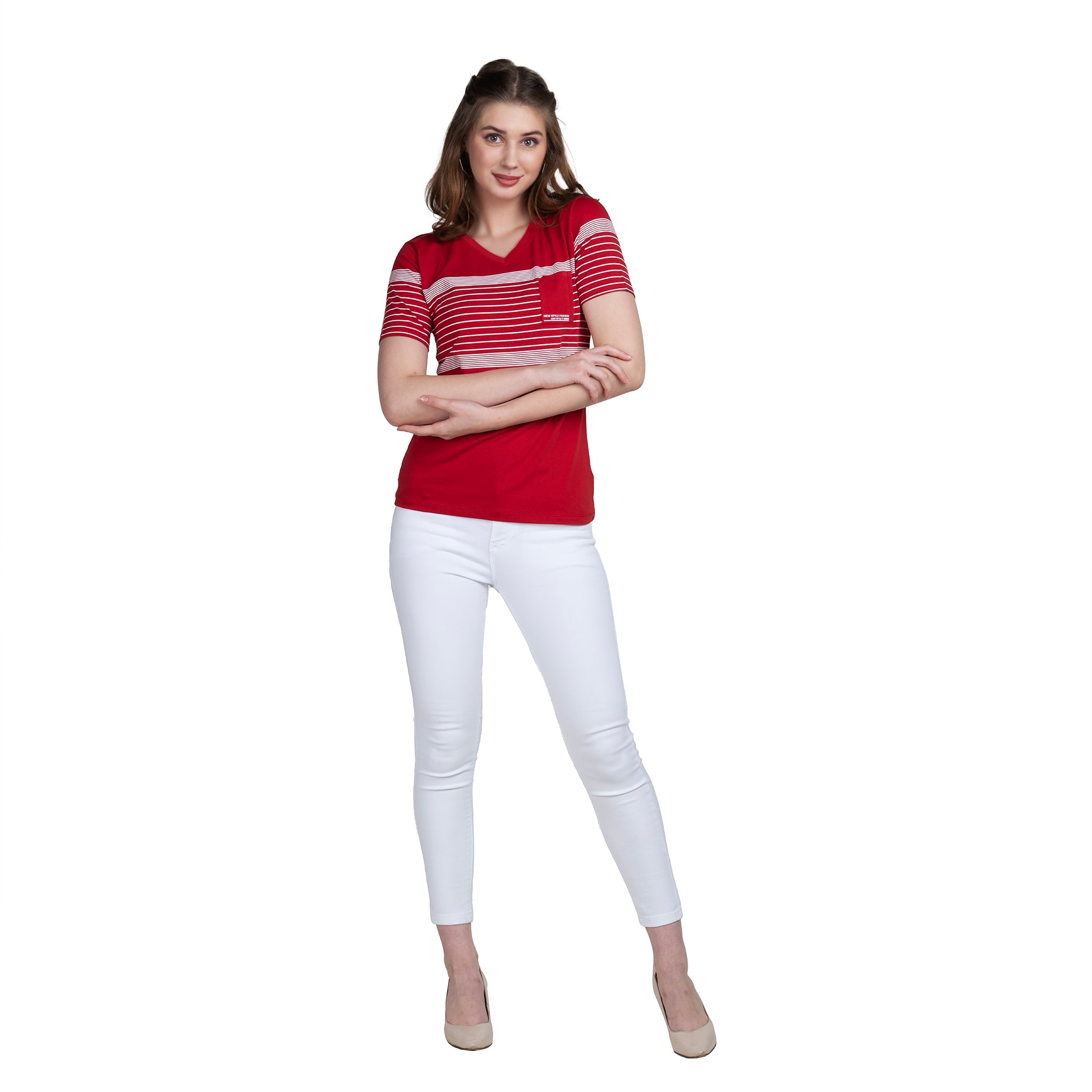 Astron – V-Neck Half Sleeves Olive Color Cotton T-Shirt for Women