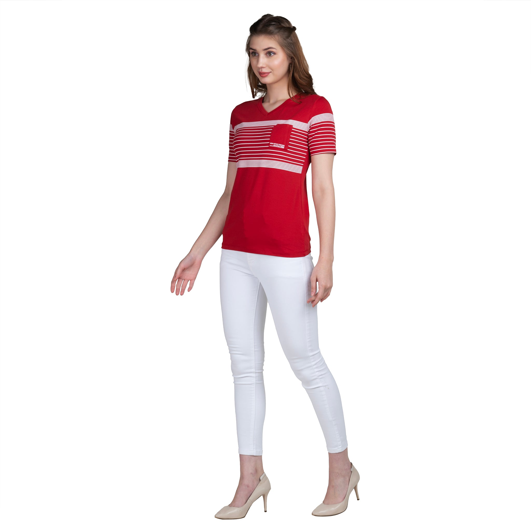 Astron – V-Neck Half Sleeves Olive Color Cotton T-Shirt for Women