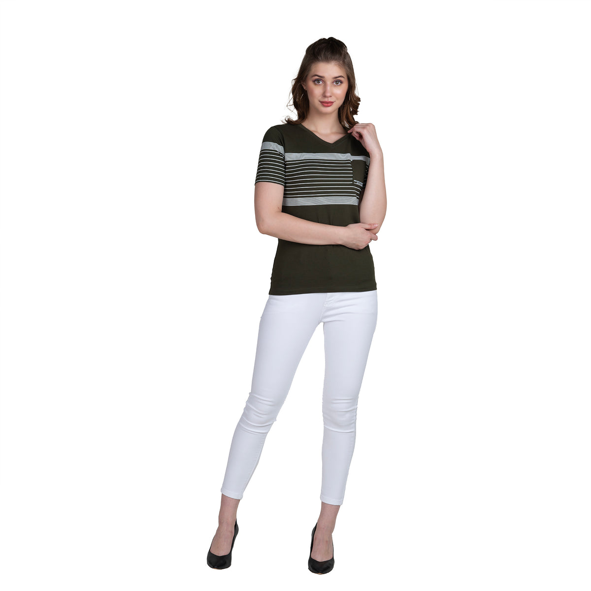 Astron – V-Neck Half Sleeves Olive Color Cotton T-Shirt for Women