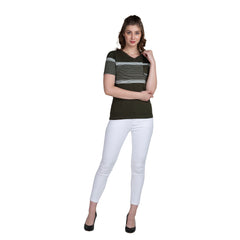 Astron – V-Neck Half Sleeves Olive Color Cotton T-Shirt for Women