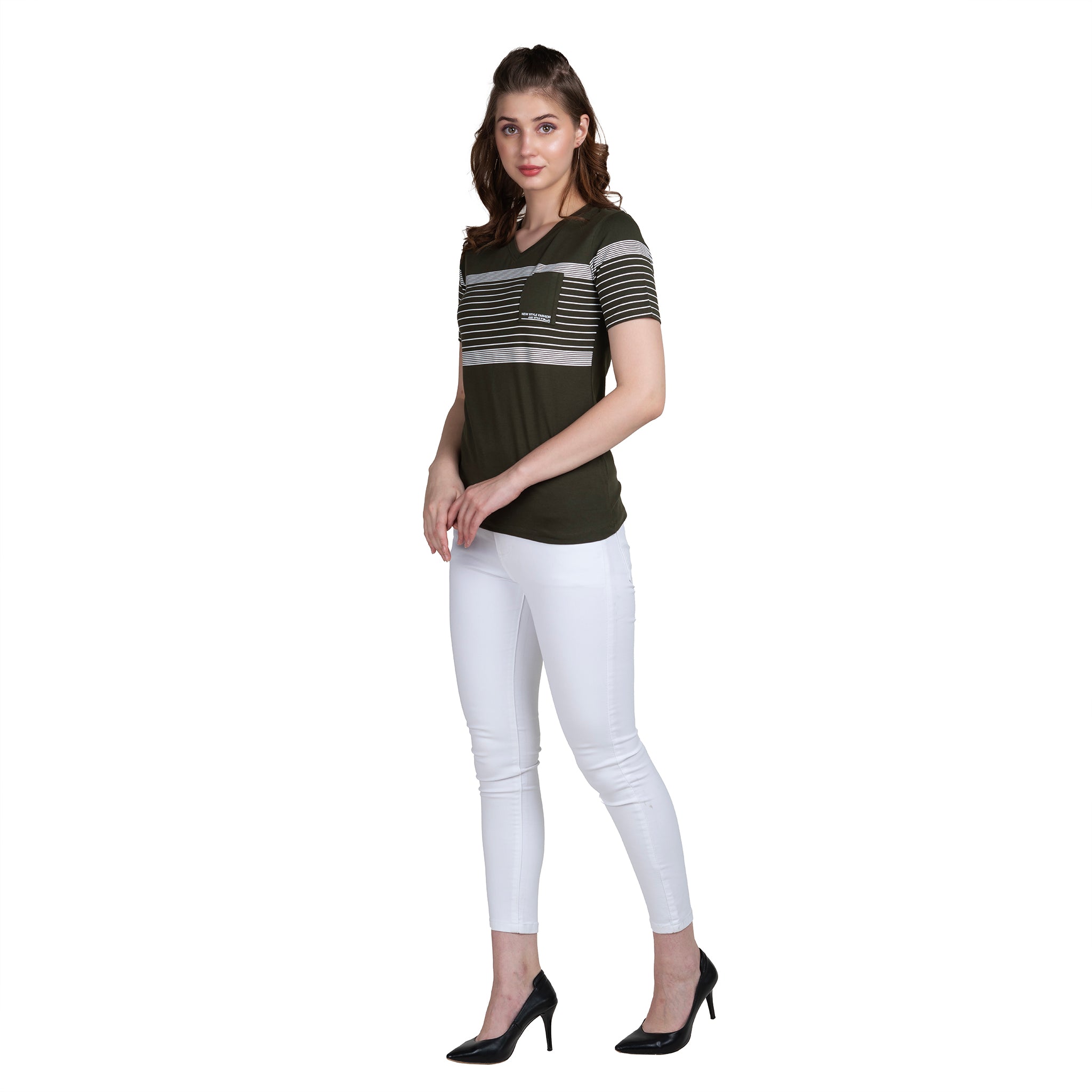 Astron – V-Neck Half Sleeves Olive Color Cotton T-Shirt for Women